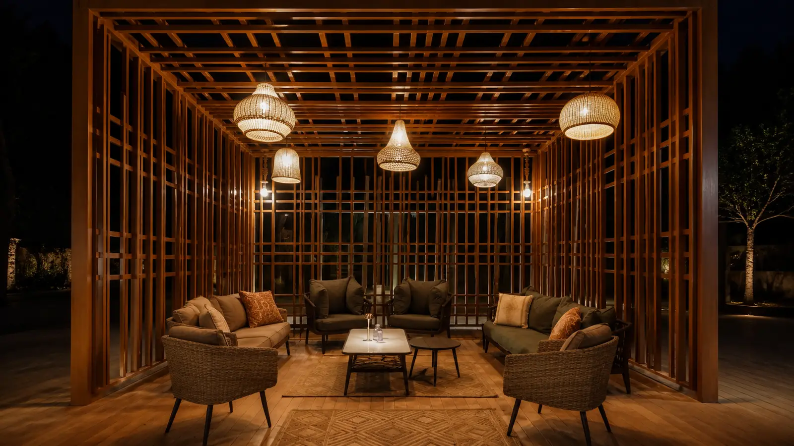 AlUla Restaurant — timber pavilion after dark